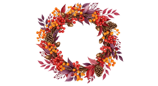Autumn wreath with rowan berries, acorns and pine cones isolated on transparent background
