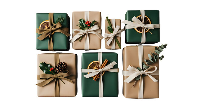 Elegant christmas presents isolated on transparent background, wrapped with ribbon - Powered by Adobe