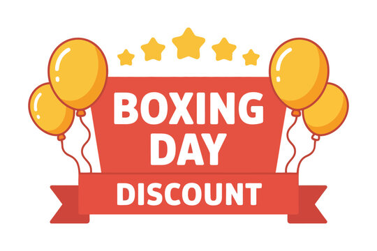 Boxing Day discount banner with balloons and stars, promoting a sale event.