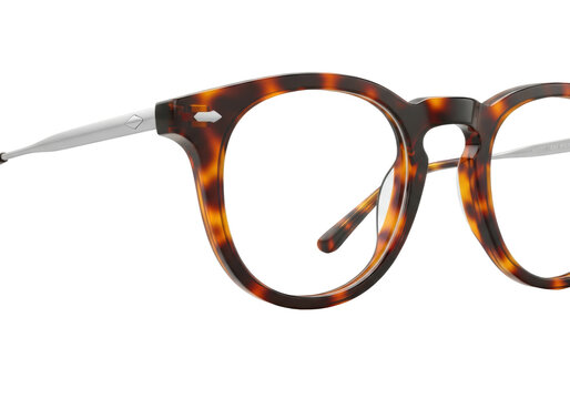 luxurious high-gloss tortoise-shell panto eyeglasses with silver temples and reflective clear lenses, detailed macro studio product shot on pure white high-key, concept for eyewear design and