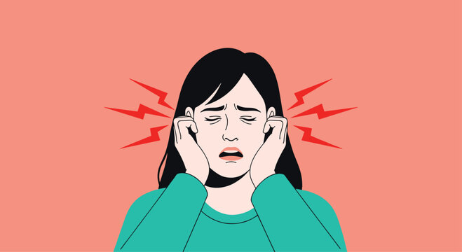 An illustration of a distressed woman covering her ears with her fingers to block out loud and unbearable noise or sound.