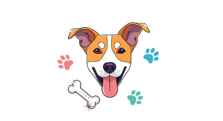 Obraz premium A cheerful cartoon dog face with its tongue out surrounded by colorful paw prints and a sparkling bone on white background.