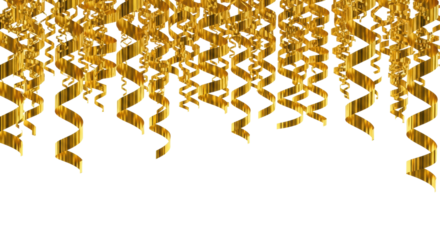 intricate, high-gloss polished metallic gold ribbons and streamers hanging downwards as a top border on a white infinity background with negative copy space. luxurious celebration border concept