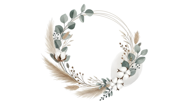Watercolor wreath with pampas grass, cotton and eucalyptus isolated on transparent background