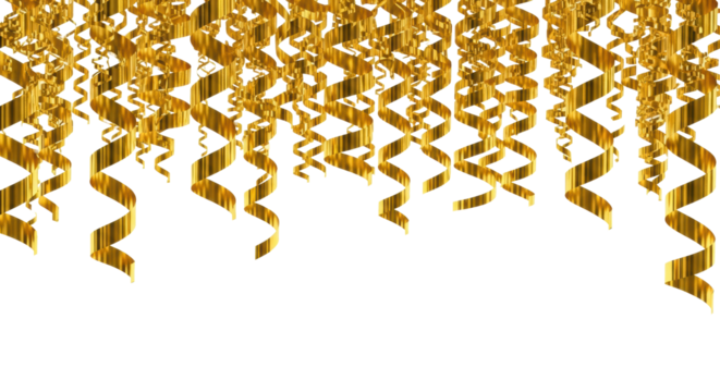 intricate, high-gloss polished metallic gold ribbons and streamers hanging downwards as a top border on a white infinity background with negative copy space. luxurious celebration border concept - Powered by Adobe