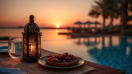 A table with a lantern and a plate of food by a pool. Scene is relaxed and inviting