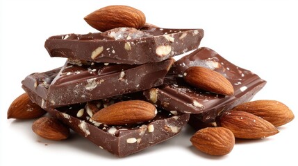 A stack of chocolate bars with almonds on top. The chocolate bars are cut into squares and the almonds are scattered around them. Concept of indulgence and luxury, as the chocolate bars