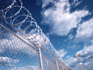 Razor wire fence under blue sky at a secure facility perimeter