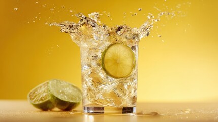 Naklejka premium A glass of lemonade with a lime wedge in it. The lime wedge is floating in the glass, and the drink is cold and refreshing. Concept of relaxation and enjoyment