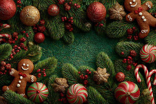 Christmas background. Border with lush pine branches, sweet gingerbread man figures, sparkling red and gold baubles, and candy canes, creating a festive frame around an empty green center.
