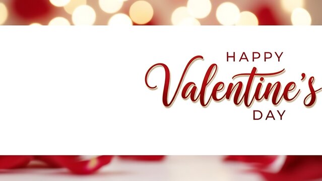 Happy Valentine's Day greeting card with red rose petals and lights  