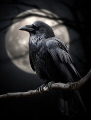 Naklejka premium Mysterious bird resting on tree with cloudy moonlit sky background