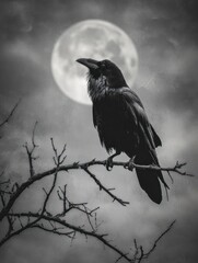 Naklejka premium Silhouette of a raven perched on a branch under full moon