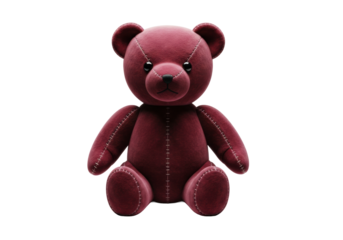 vintage maroon velvet teddy bear, slightly worn, jointed limbs, black button eyes, sitting still against a brilliant white studio background with ample copy space concept of nostalgic childhood memory