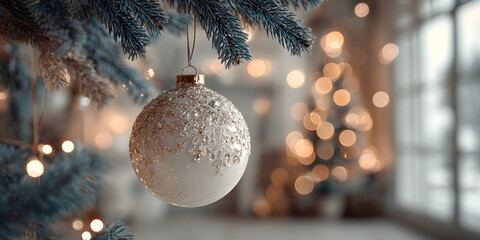 Christmas white decoration ball and spruce tree close up, bokeh lights background. Merry Christmas and Happy Holidays greeting card, frame, banner. New Year. Noel. Winter festive xmas theme.
