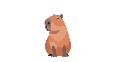 Obraz premium A cute and calm cartoon capybara character sitting down with a content and slightly sleepy expression on a white background.