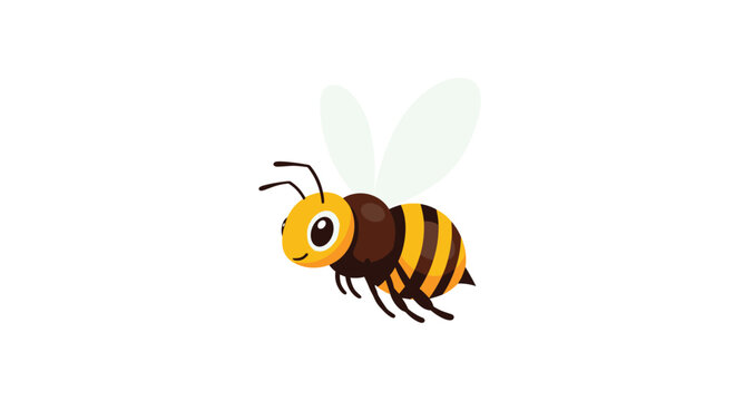 A cute cartoon honeybee with large eyes and a friendly smile is shown flying happily and isolated on a white background.
