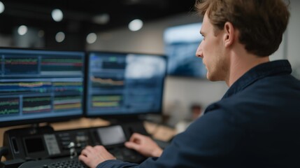 An EV technician testing a vehicle’s motor efficiency on a digital dynamometer, colorful graphs rising across multiple screens — electric mobility diagnostics, motor efficiency analysis, and