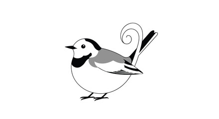 Fototapeta premium A charming black and white cartoon wagtail bird with a stylized curly tail is shown standing on a plain white background.