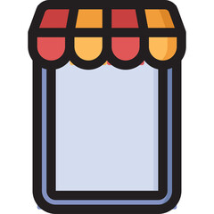 Stylized illustration of a storefront with a red and yellow striped awning and a light blue display window on a transparent background