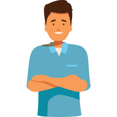 Stylized illustration of a smiling man with short brown hair wearing a light blue collared shirt with folded arms against a transparent background suggesting a clean professional aesthetic suitable
