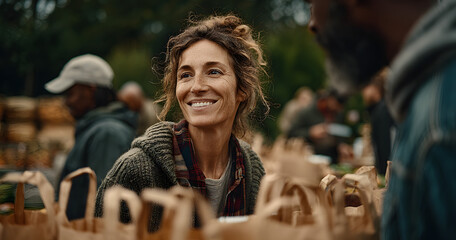 Clipboard, outdoor or volunteer people with paper bag, community service or packaging for charity drive. Teamwork, non profit or woman with donation list for food security crisis, inspection or park