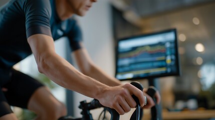 A cyclist testing torque output on smart trainer equipment, power curves and cadence readings displayed on a fitness app while pedaling intensely — sports biomechanics, cycling performance metrics,