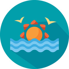 Stylized illustration of a sunrise over wavy blue ocean with two birds flying in a teal circle background flat design long shadow
