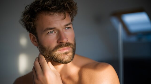 A man standing in a bright minimalist bathroom applying beard oil with slow, deliberate strokes, warm morning light highlighting the shine and texture — modern men’s grooming, beard-care ritual,