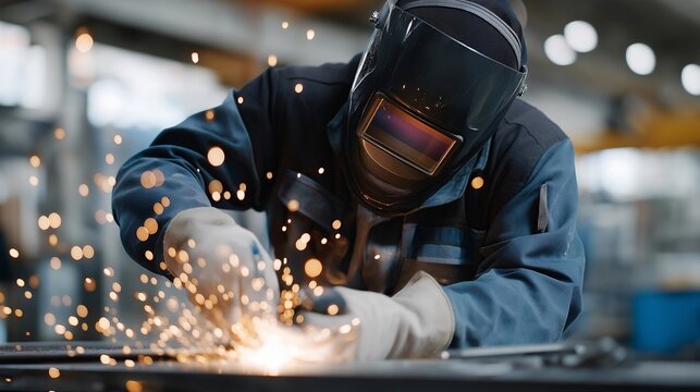 A welder shaping intricate metal joints under a shower of orange sparks, protective mask reflecting the bright arc light — precision welding, industrial craftsmanship, and high-skill metal