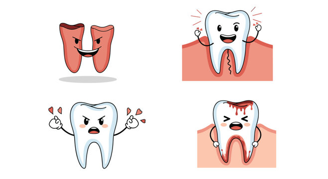 A set of four funny cartoon tooth characters illustrating various dental problems like bleeding gums cavities and cracked teeth.
