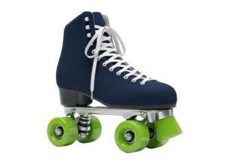 hyper-detailed vintage navy blue suede roller skate with neon green wheels, positioned on a pure white infinity background under soft studio light. concept of high-end retro product showcase