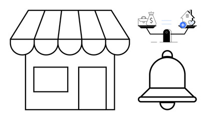Small business concepts. A shop icon complements financial scale and notification bell elements. Small business include finance, alerts, store management, and budgeting. For e-commerce, startups