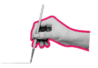 elegant female hand, retro pop art halftone ben-day dots, gripping a paintbrush, isolated on white with a sharp pink collage border. graphic design concept of artistic precision