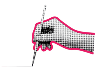 elegant female hand, retro pop art halftone ben-day dots, gripping a paintbrush, isolated on white with a sharp pink collage border. graphic design concept of artistic precision