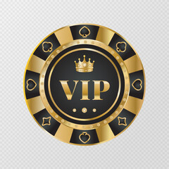 Gold and black  poker chips with diamonds on transparent background. Gambling token with suit for poker and casino. VIP. Design for advertising, games, casino,  posters. Vector illustration.