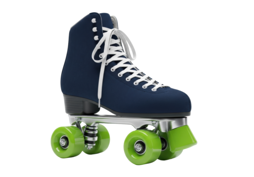 hyper-detailed vintage navy blue suede roller skate with neon green wheels, positioned on a pure white infinity background under soft studio light. concept of high-end retro product showcase