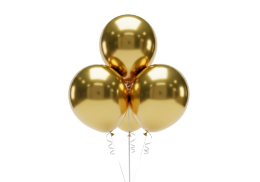 Three spherical metallic gold mylar helium balloons clustered with white ribbons, floating against a high-key white studio background. Concept for elegant celebration advertising