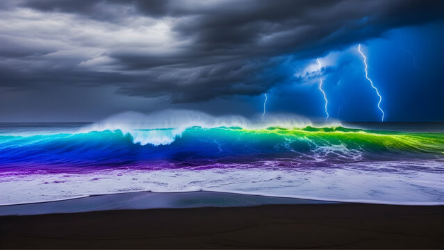 Dramatic ocean wave under a stormy sky with lightning strikes and transparent background