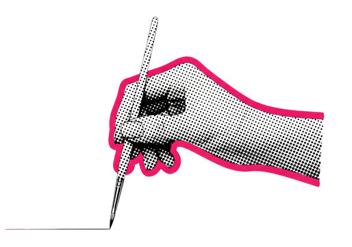 elegant female hand, retro pop art halftone ben-day dots, gripping a paintbrush, isolated on white with a sharp pink collage border. graphic design concept of artistic precision