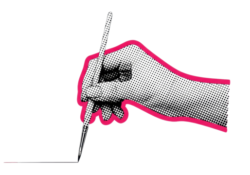 elegant female hand, retro pop art halftone ben-day dots, gripping a paintbrush, isolated on white with a sharp pink collage border. graphic design concept of artistic precision