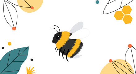 Obraz premium A cute and fluffy bumblebee is flying in the center of a decorative frame made of leaves flowers and a honeycomb.