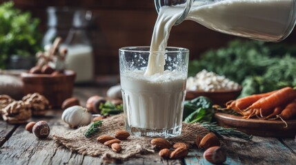 A glass of milk is poured into a glass on a table. The table is covered with various food items, including nuts, carrots, and other vegetables. Concept of comfort and relaxation