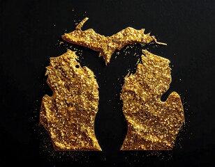 Glimmering gold Michigan shape on black. Formed with sparkling, glittering material; top view