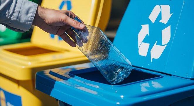 Person Sorting Plastic Bottle into Recycling Bin. hand dropping a clear plastic water bottle into a blue recycling bin marked with the recycling symbol. represents recycling, waste management