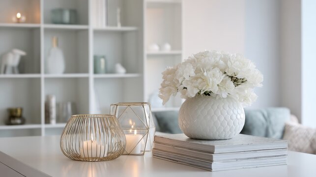 A white vase with flowers sits on a table next to a book. The vase is filled with white flowers and has a gold frame. The table is surrounded by books, creating a cozy and inviting atmosphere