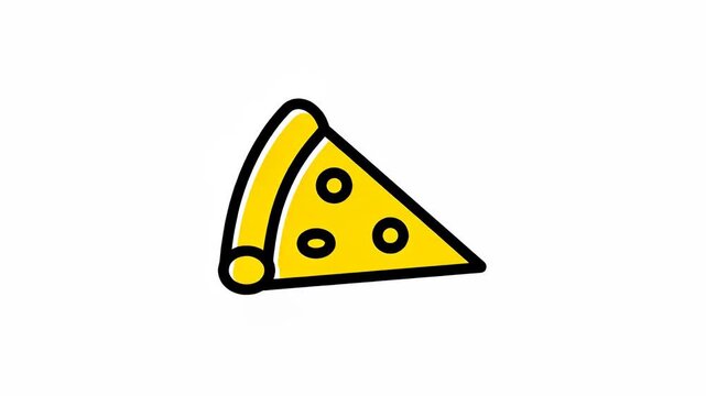 A simple yellow slice of pizza with black outlines and three circular toppings, isolated on white background