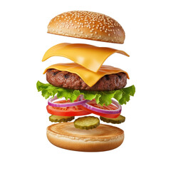Deconstructed Cheeseburger Floating on Warm Gradient Background with