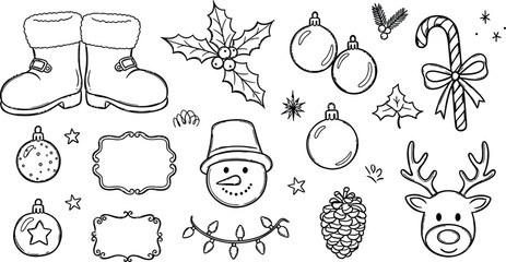 Christmas doodle elements in black and white outline © 47 Visual