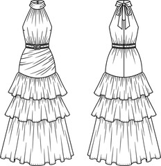 Tiered dress fashion illustration, front and back view, halter neckline,Tiered dress fashion illustration, front and back view, halter neckline,